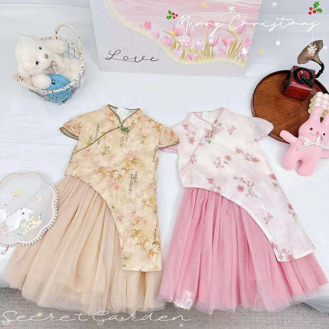 2024夏季新中式千金小姐碎花两件改良儿童旗袍裙 D-T74