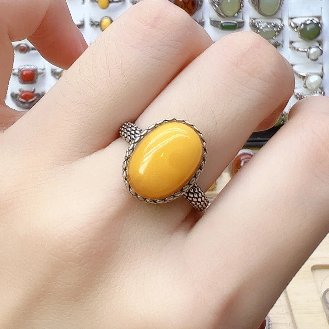 蜜蜡银S925镶嵌戒指，