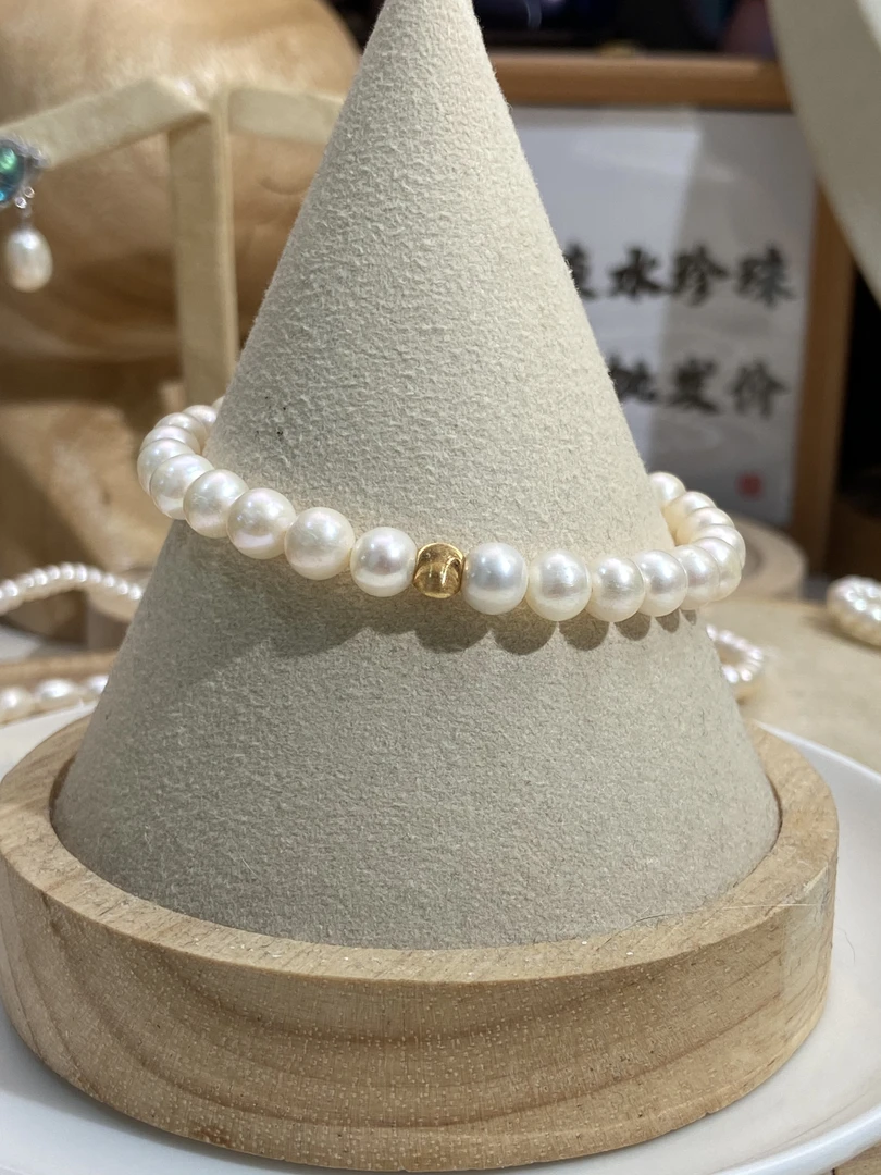 天然无核淡水珍珠简约百搭 猫眼金珠 s925银手链手串6-7mm