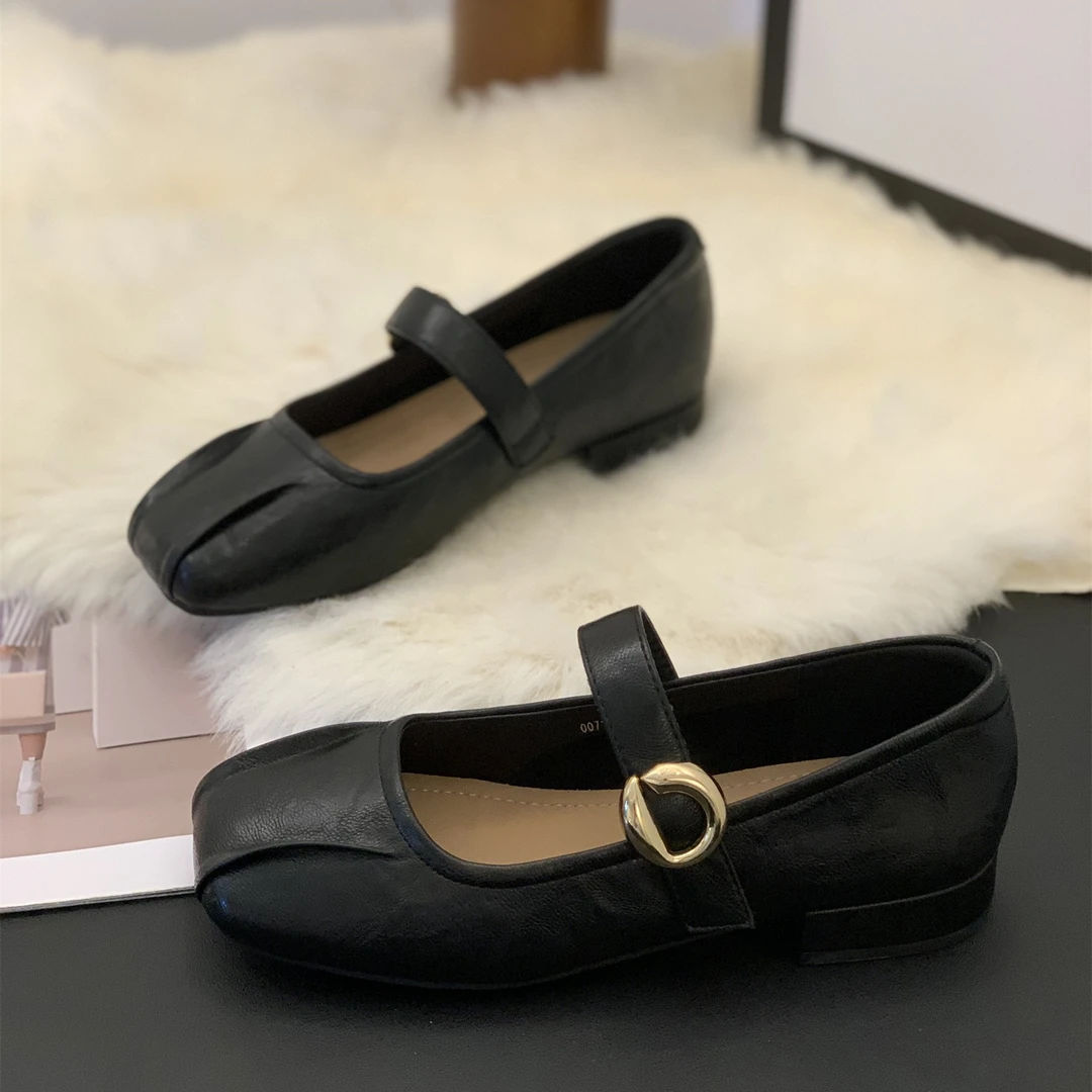 方头气质单鞋女2025年新款秋季配裙子浅口法式百搭魔术贴复古女鞋