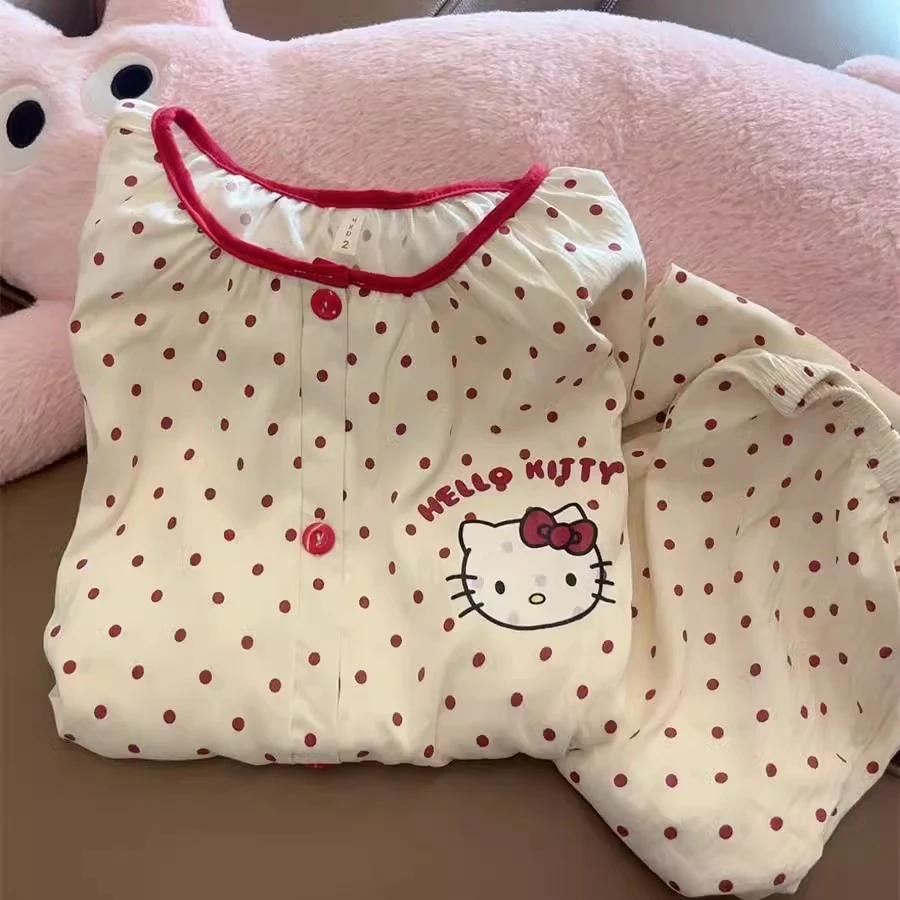 ins风波点卡通kitty猫睡衣女春秋新款甜美可爱开衫长袖长裤家居服