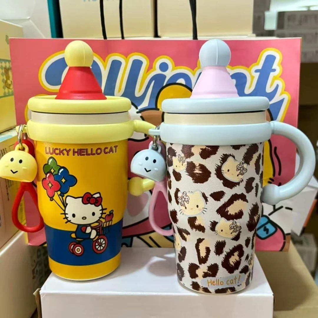 2025新款Kitty不锈钢保温杯吸管大容量豹纹车载手柄保温多巴胺