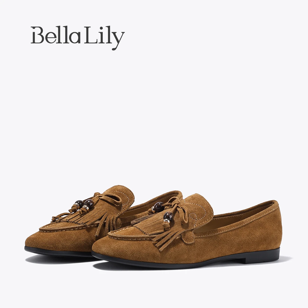 BellaLily2025秋季新款复古平底鞋流苏乐福鞋小众百搭牛皮袋鼠鞋