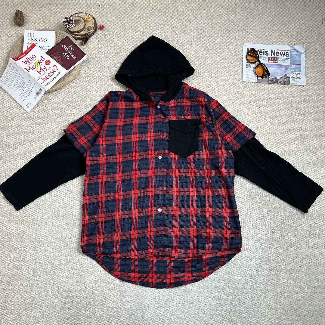 2024秋季新款休闲时尚百搭拼色假两件拼格子连帽打底长袖T恤9037