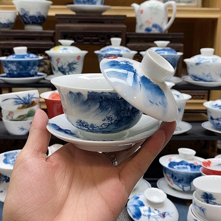 手绘烟雨江南150盖碗釉下彩高温瓷微瑕福利款