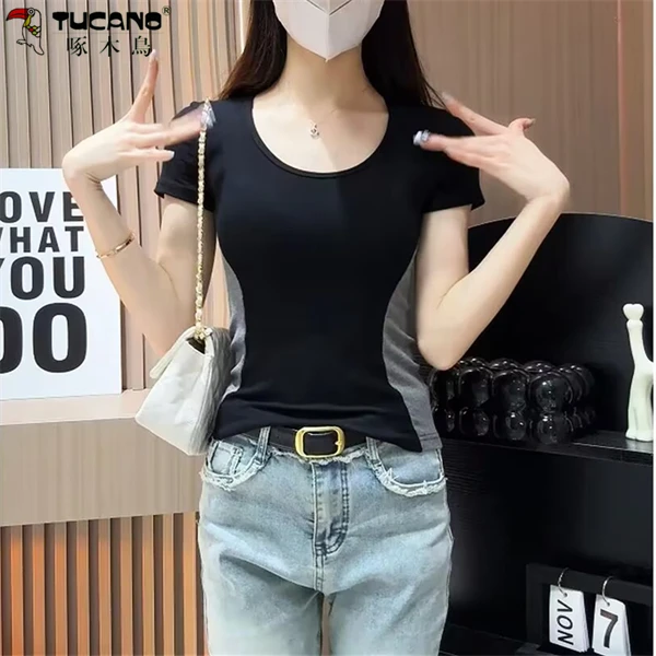【啄木鳥】95棉螺纹拼色t恤女短袖修身打底衫百搭U领显瘦上衣辣妹