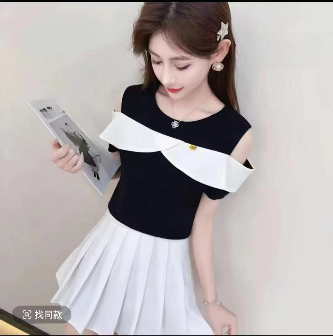 夏款法式雪纺撞色露肩短袖上衣25165