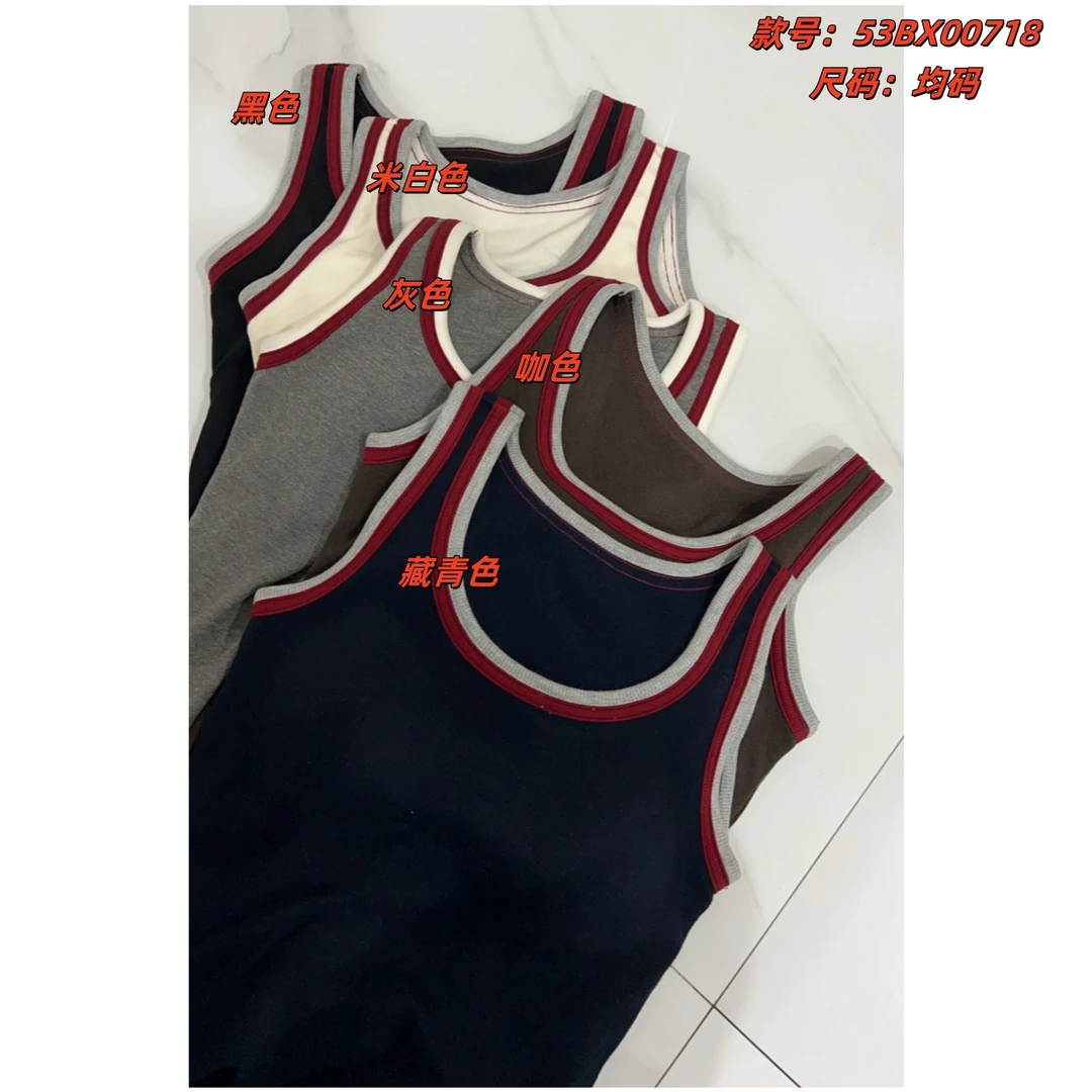 撞色带胸垫无袖U领弹力背心吊带女早秋工字背心显瘦百搭