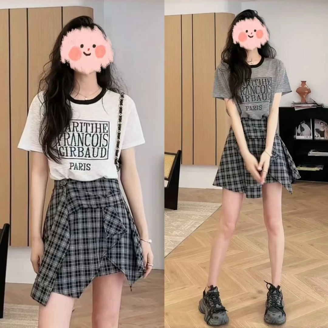 2025夏季时尚字母印花轻薄针织短袖T恤上衣显瘦百搭格子短裙套装
