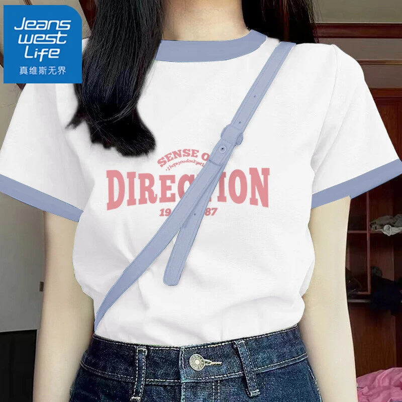 真维斯无界白色撞色纯棉圆领短袖正肩短袖t恤女夏季洋气青春宽松