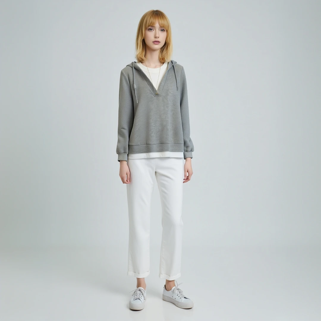 早秋季白灰色卫衣华棉复牛奶丝双层帽后包领大码多巴胺服装女