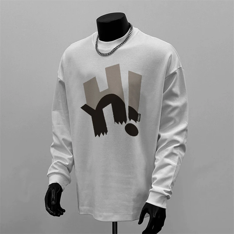 重磅纯棉潮牌美式创意打底衫简约字母印花男款秋圆领宽松长袖T恤