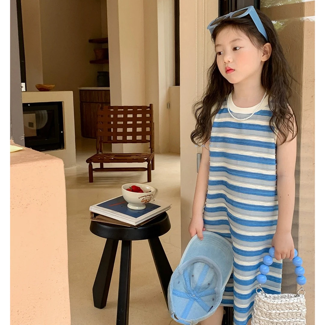 女童连衣裙宝宝2025新款夏季洋气条纹背心裙儿童裙子