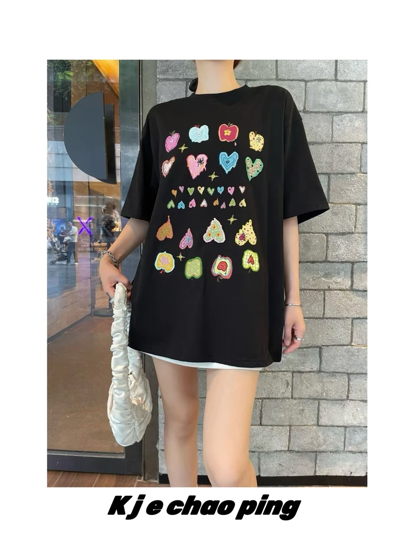 #25071心型刺绣百搭大版T恤