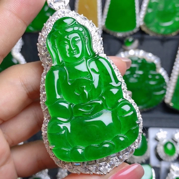翡翠挂件银S925镶嵌观音