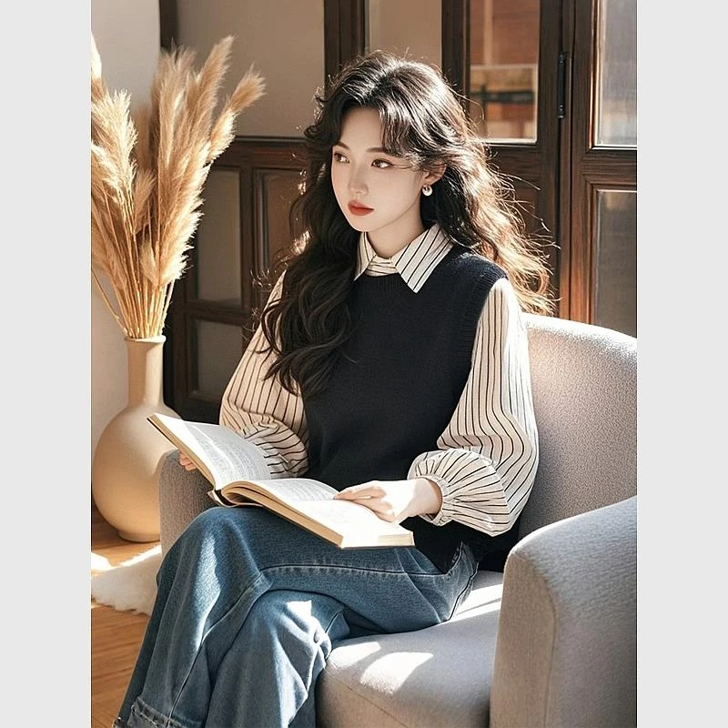 今年流行超好看白色条纹撞色假两件衬衫女2025春季洋气减龄上衣服