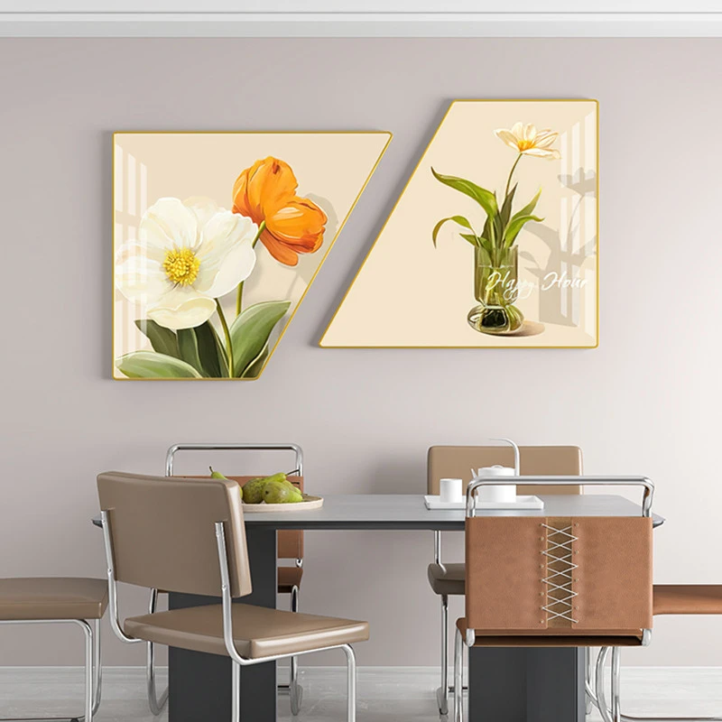 轻奢餐厅装饰画现代简约饭厅挂画北欧花卉背景墙壁画梯形墙画