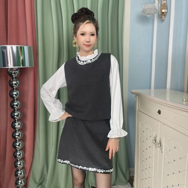 法式重工闪闪亮片马甲背心女士衬衫短裙三件套减龄搭配套装
