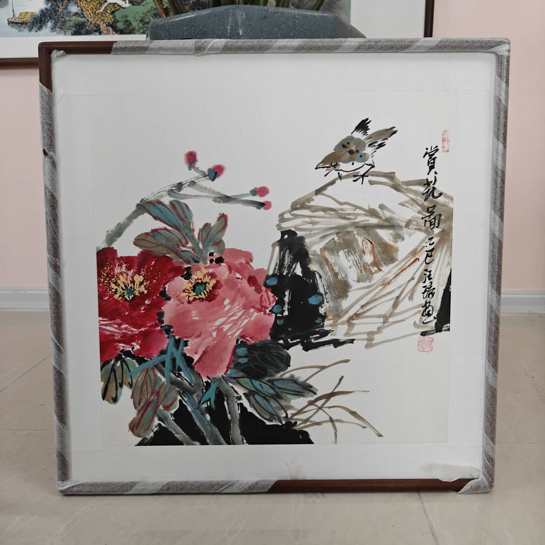 汪琼老师手绘原创国画《赏花图》带框62*62厘米