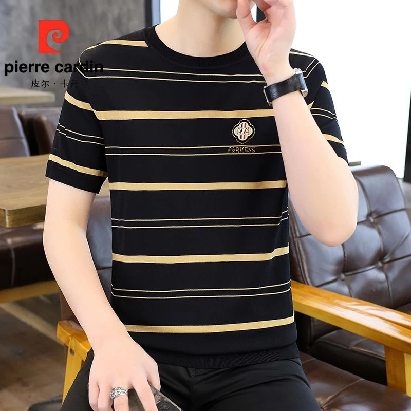 皮尔卡丹高档男士夏季百搭条纹短袖日常休闲时尚圆领男士T恤品质