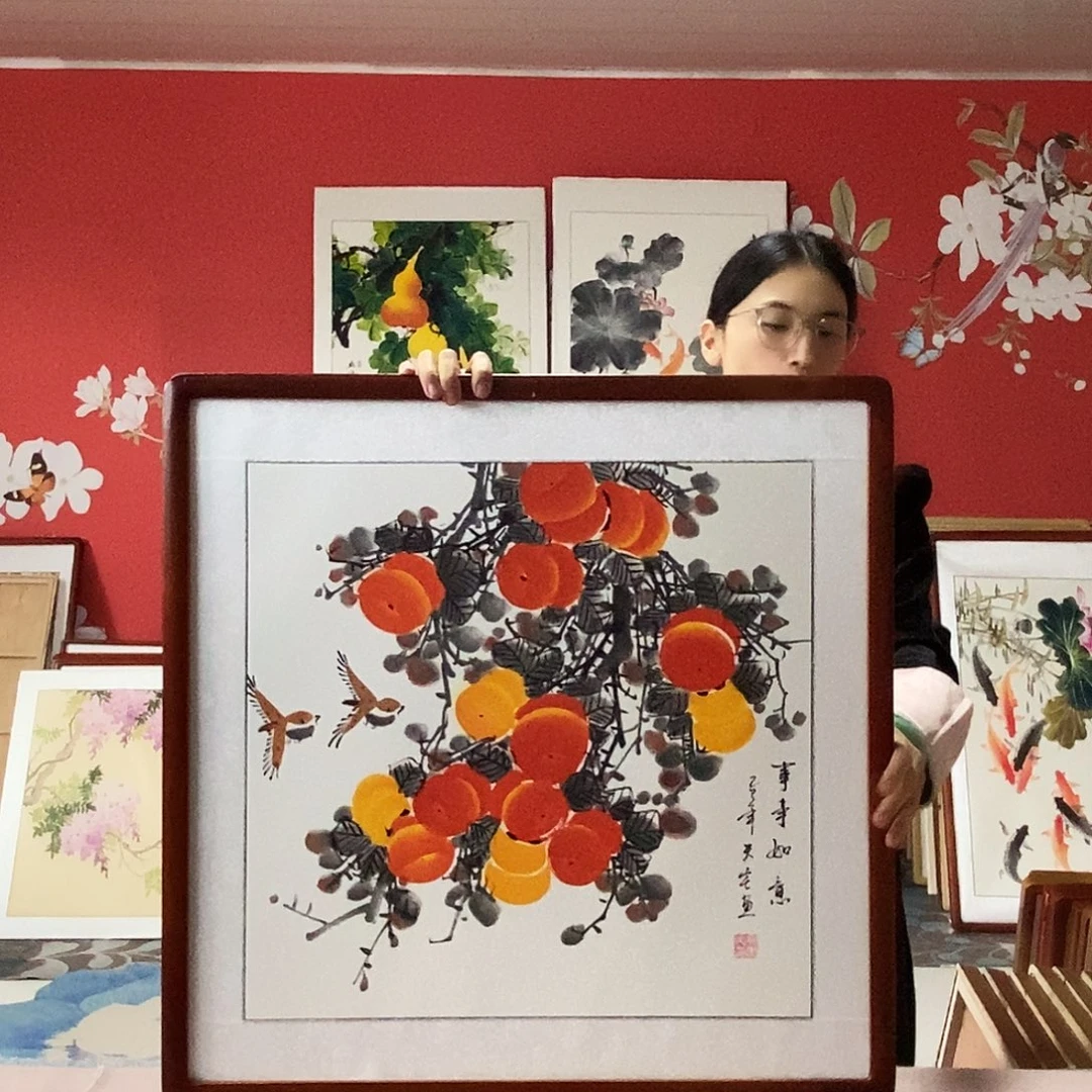 国画手写手绘国画作品带框包邮62✖️62