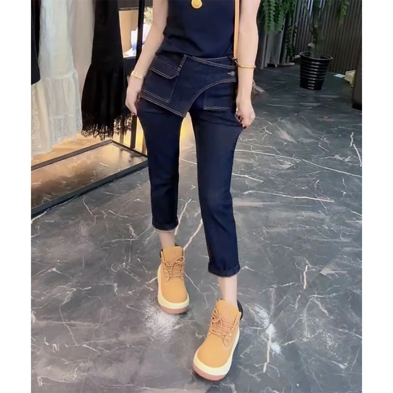 萱贝纯设计感时尚假两件直筒牛仔裤2025早秋新款减龄八分烟管裤子