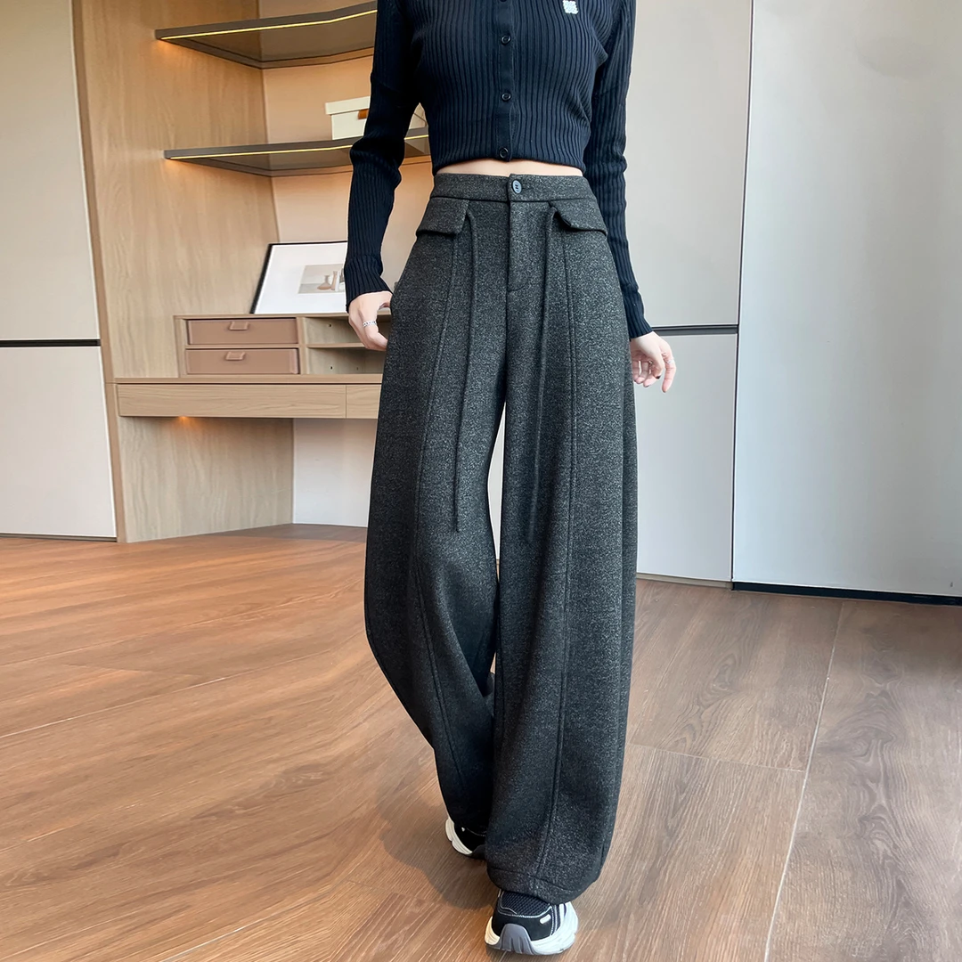 毛呢弯刀裤子加绒加厚女冬季新款保暖百搭高腰显瘦宽松休闲阔腿裤