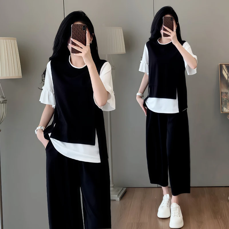 小个子休闲运动套装女2025年夏季新款假两件减龄短袖七分裤两件套