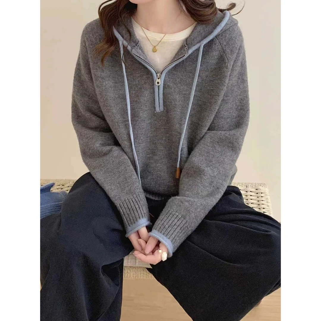 /蓝灰半拉链帽衫/撞色拉链外套软糯连帽针织开衫 衣长58 6081