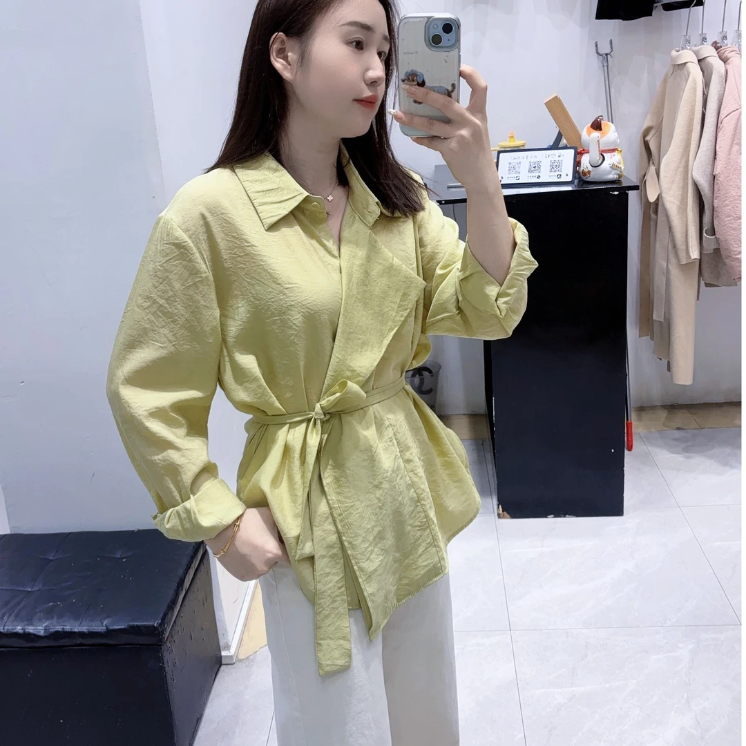 POLO领拼贴/拼接单排多扣衬衫气质翻领女装长袖设计感系带休闲