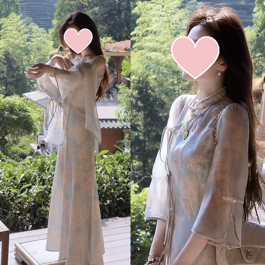 夏季新中式穿搭一整套透气罩衫吊带裙气质两件套