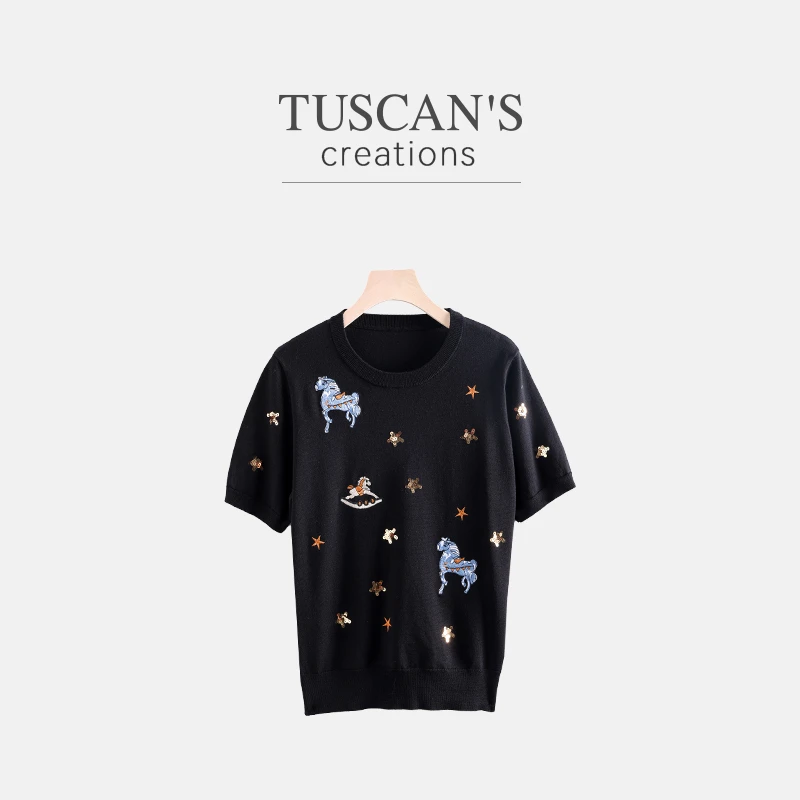 TUSCAN'S CREATIONS新款时尚刺绣透气圆领针织短袖T恤时代双鱼