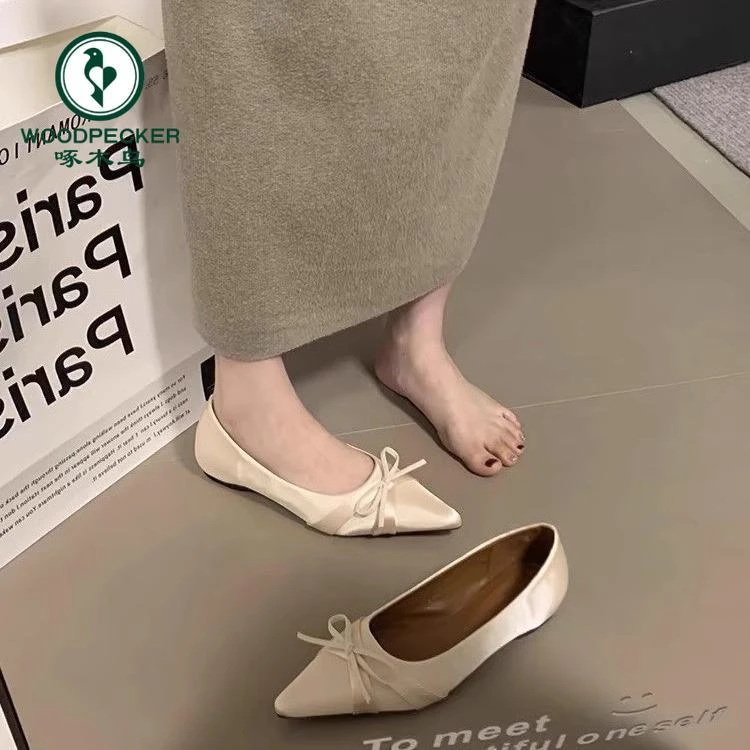 啄木鸟法式温柔风内增高缎面尖头单鞋女2025新款气质低跟优雅瓢鞋