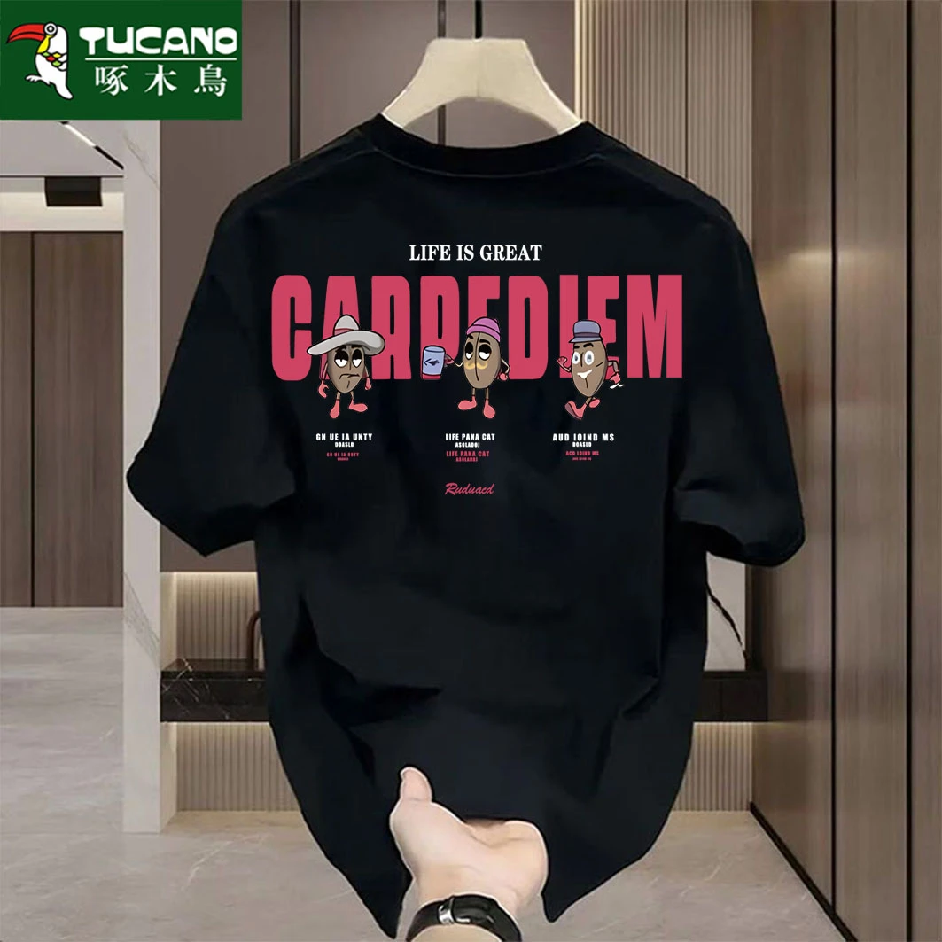 啄木鸟重磅纯棉短袖T恤男士夏季新款2025爆款休闲时尚印花圆领T恤