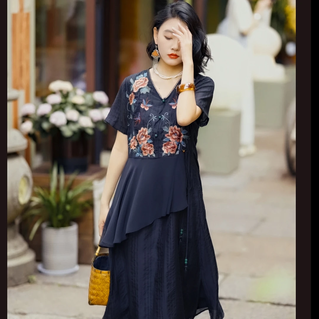 羊在在民族风改良奥戴旗袍连衣裙显瘦腰夏高端洋气女装LYQ25Y1108