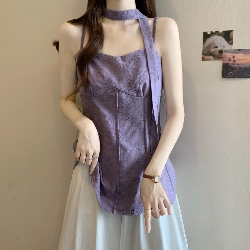 超好看紫色提花吊带背心外穿女2025夏季大码胖mm飘带挂脖别致上衣