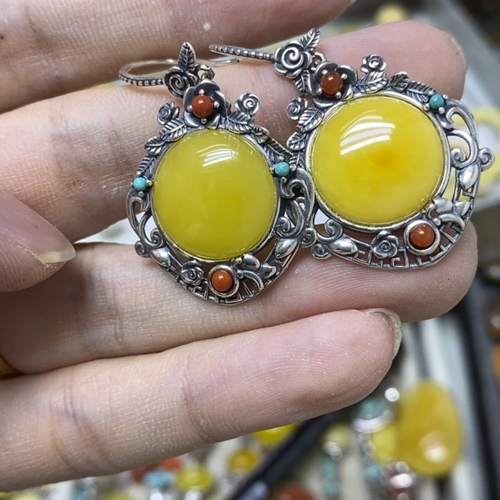 蜜蜡银S925镶嵌裸石耳钩