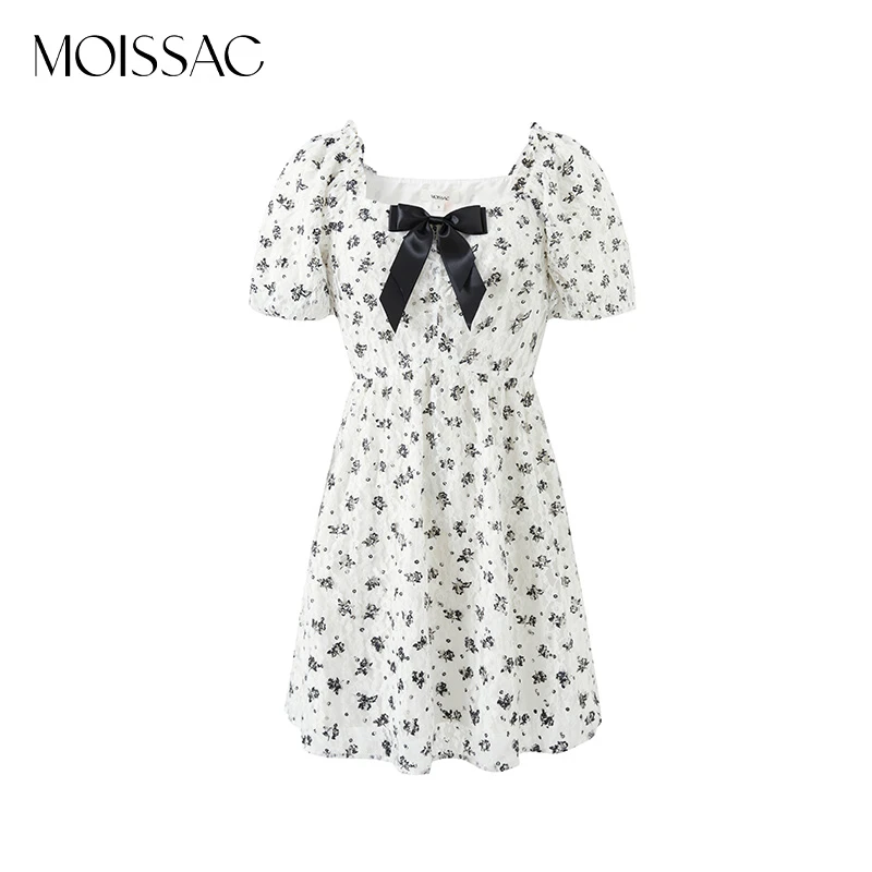 【若谷大大专属】MOISSAC印花蕾丝收腰泡泡袖蝴蝶结连衣裙