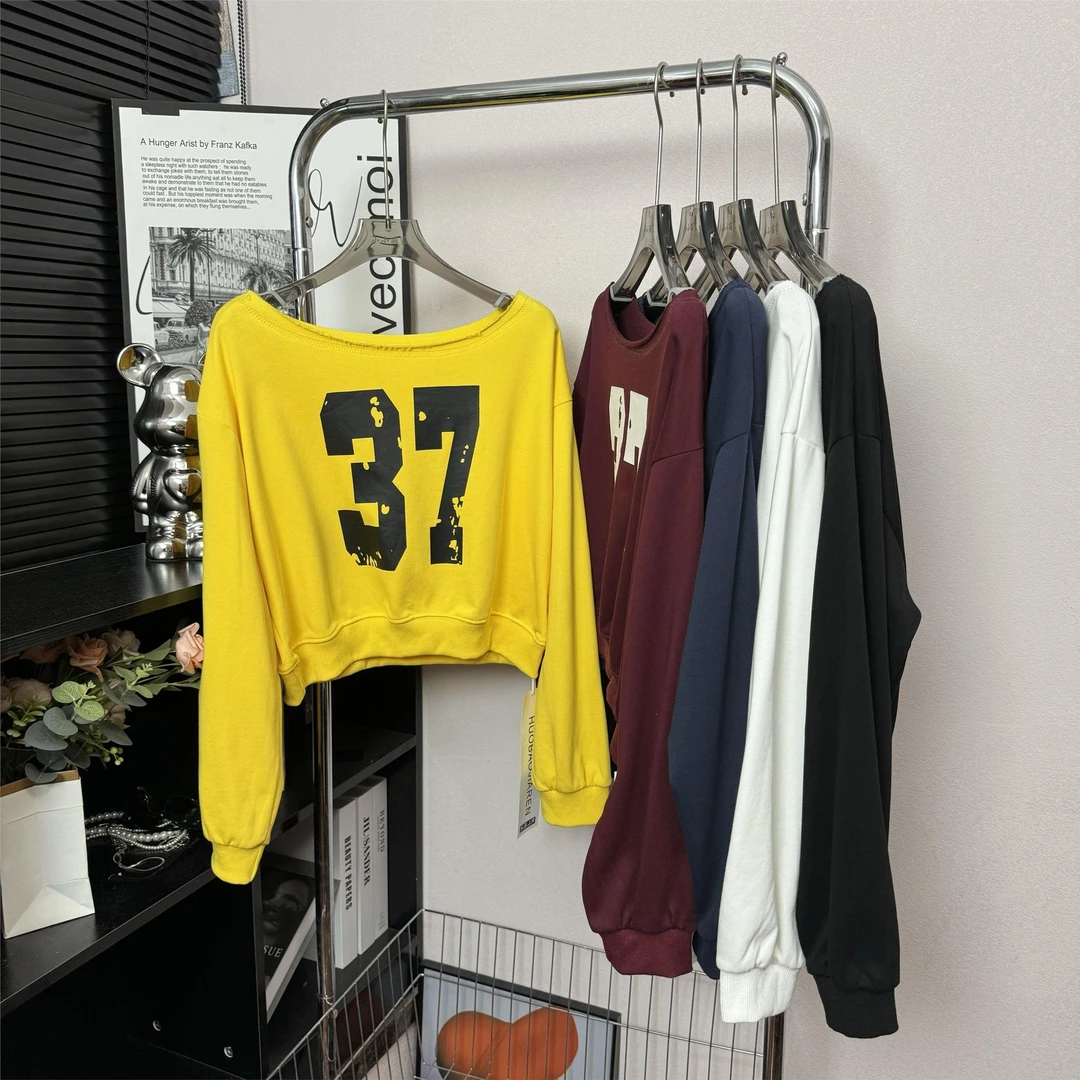 ZHIO美国辣妹字母印花斜肩运动衫适合秋天的女性慵懒的风格M3