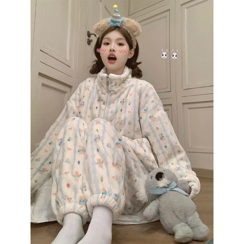 云柔珊瑚绒睡衣女春秋冬季加厚保暖拉链可爱风家居服两件套装网红