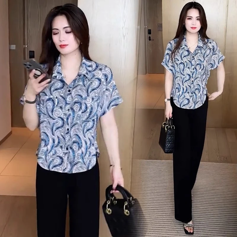 时尚气质衬衫女士夏季新款洋气翻领印花上衣小个子宽松遮肚子衬衣