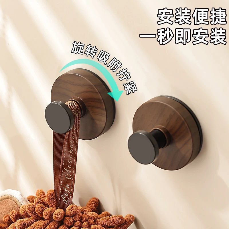 胡桃木纹吸盘旋转挂钩进门玄关门后衣帽粘钩置物架厨房免打孔挂架