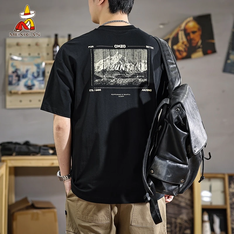 Mexican/稻草人夏季潮牌男士印花t恤短袖美式宽松重磅半袖体恤衫