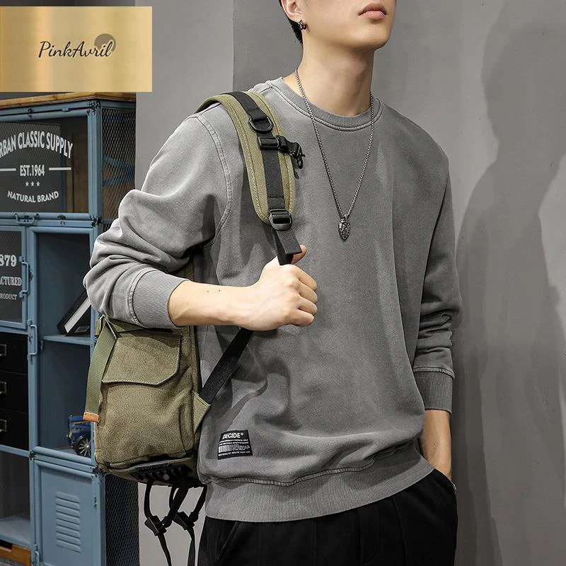 PinkAvril秋季水洗复古磨白潮流圆领卫衣男宽松痞帅高街美式春秋