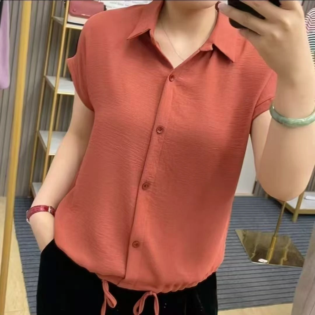 【冰麻抽绳】夏季女士冰丝麻短袖抽绳宽松衬衫POLO领上衣遮肚大码