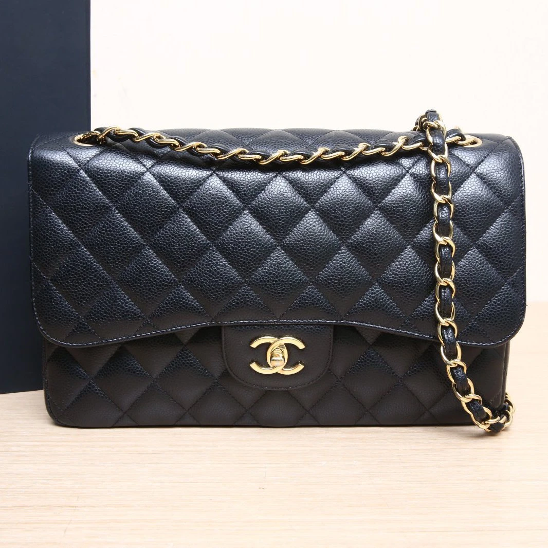 95新 Chanel/香奈儿 xf-100 双双 CF JUMBO 黑色 荔枝皮革C 23开