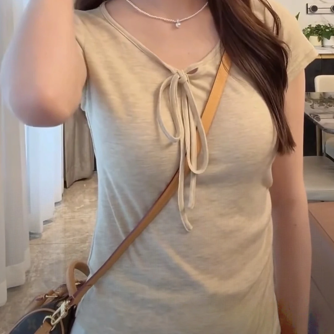 韩版时尚显瘦绑带设计感T恤女2025夏季新款小众百搭通勤短袖上衣