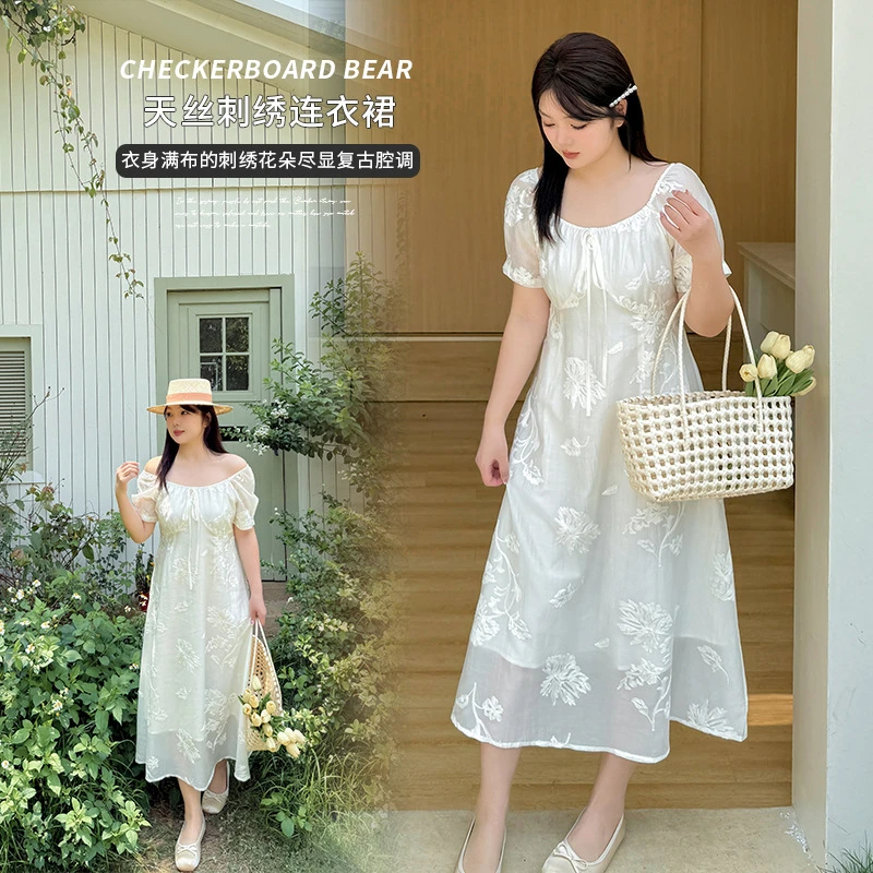 大码女装法式气质天丝收腰长裙2025夏新款刺绣连衣裙222221