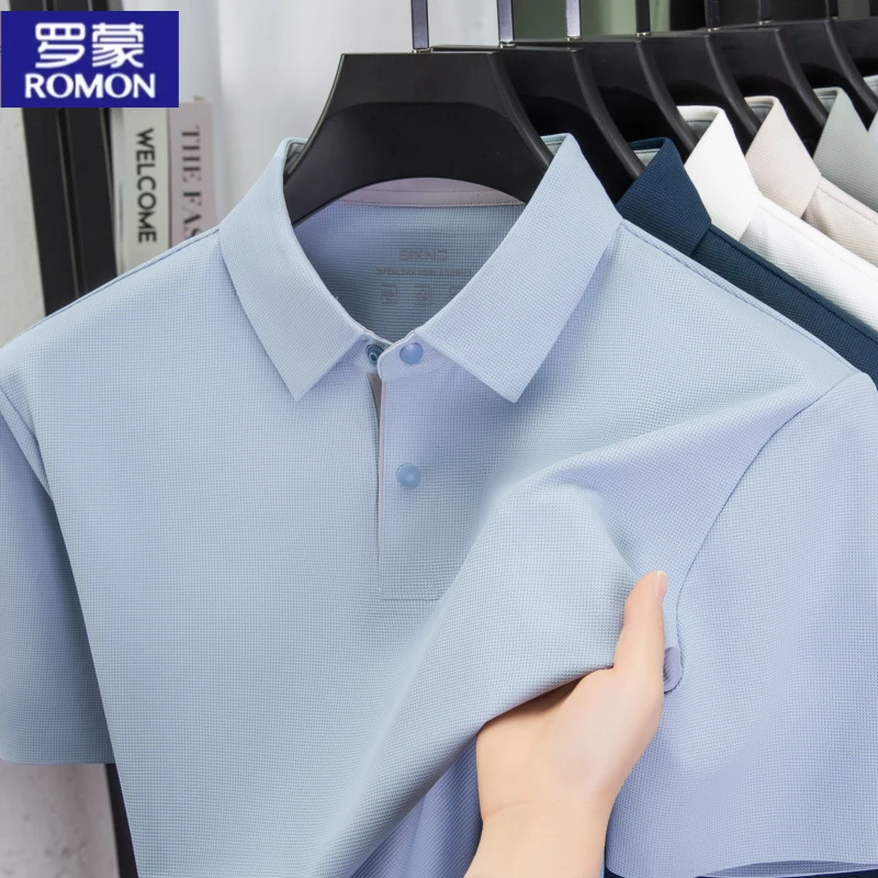 罗蒙男士冰丝短袖POLO衫新款纯色翻领T恤冰感凉爽宽松舒适t恤衫男