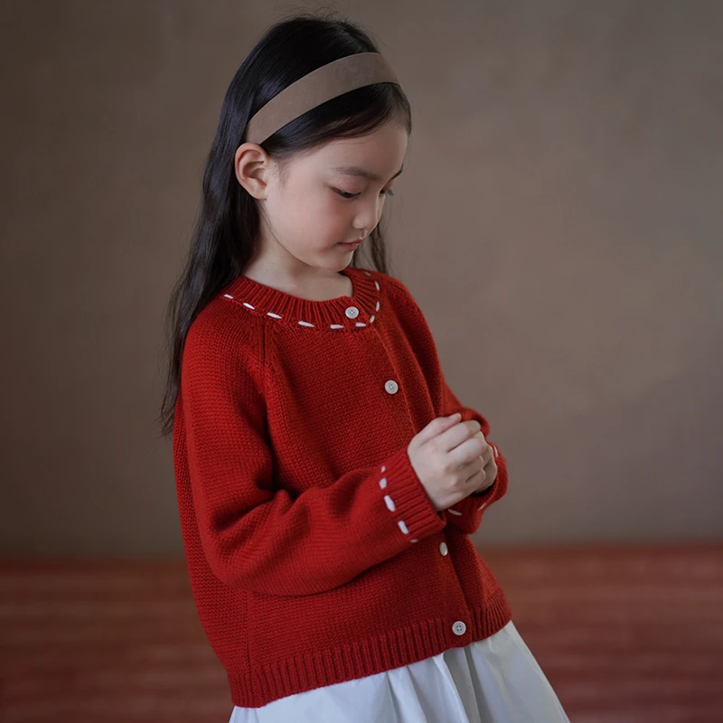 哈齿童装儿童秋装简约休闲红色毛衣女童羊毛衫中大童针织上衣新款